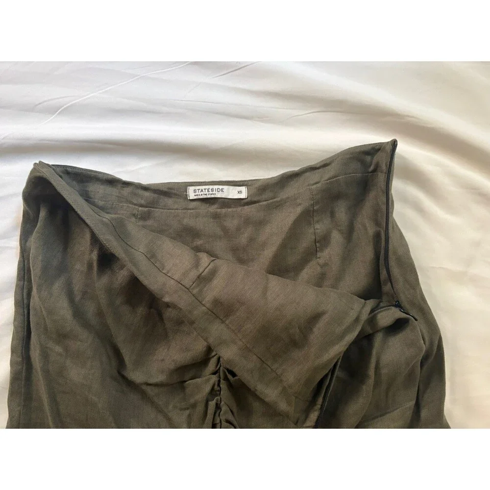 Stateside Linen Ruched Front Slit Skirt in Army Green Knee Length Size US XS
